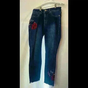 FREE PEOPLE Embroidered Down The Sides Floral  Jeans Boho Hippie S4
